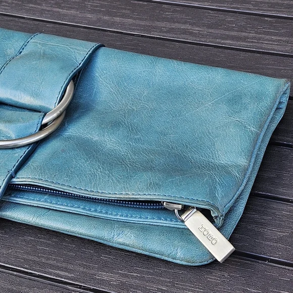 Hobo International Teal Blue Aqua Leather Fold Over Clutch Bag Small Purse